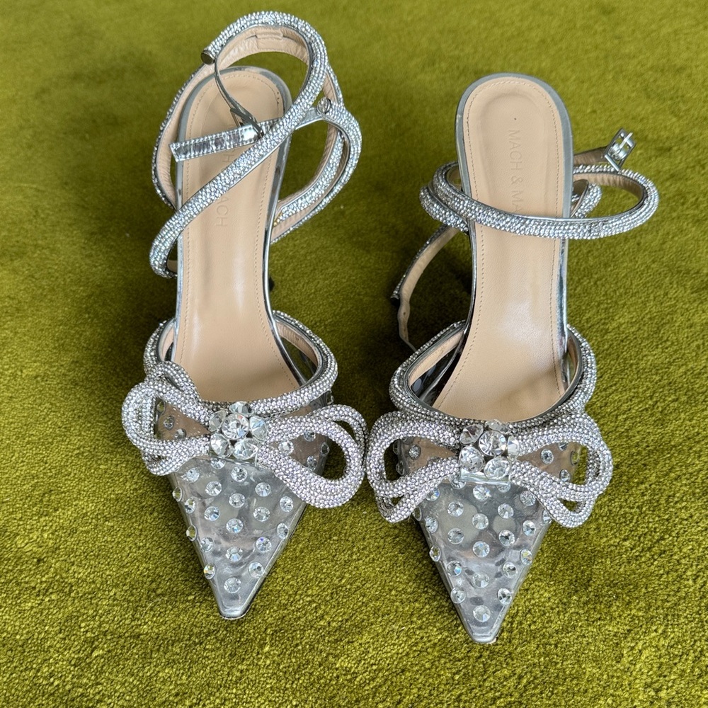 Mach & Mach - Elegant Silver Women's Heels with Rhinestone Bow